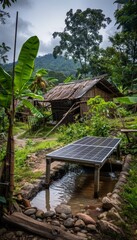 Naklejka premium Solar-Powered Water Purification System in Remote Village Highlighting Renewable Energy Benefits
