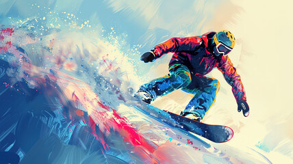 Amazing Hand drawn digital illustration of Skier skiing in winter season snow sports