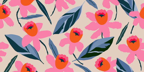 Exotic hand drawn flowers, seamless patterns with floral for fabric, textiles, clothing, wrapping paper, cover, banner, home decor, abstract backgrounds. Vector illustration.