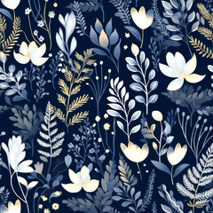 Sophisticated floral seamless pattern with various delicate leaves and flowers against dark navy background. ideal for fabric, wallpaper, and other decorative design projects.