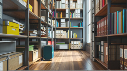 Obraz premium Narrow hallway in a modern library with well-organized bookshelves filled with books, boxes, and indoor plants illuminated by natural light.