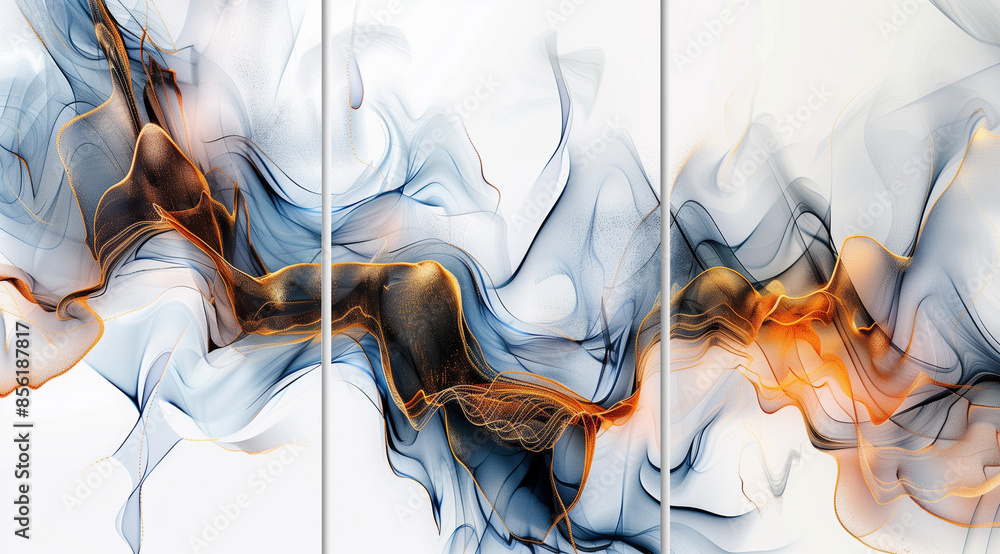 Poster abstract fluid art on a white background in a three panel vertical triptych. soft orange and blue to