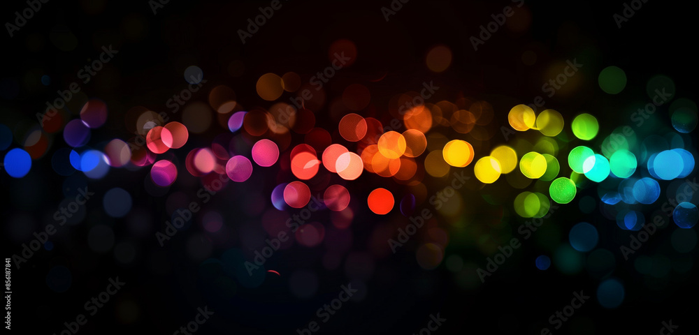 Poster abstract blurred background with multicolored bokeh lights on black background. light effect with de