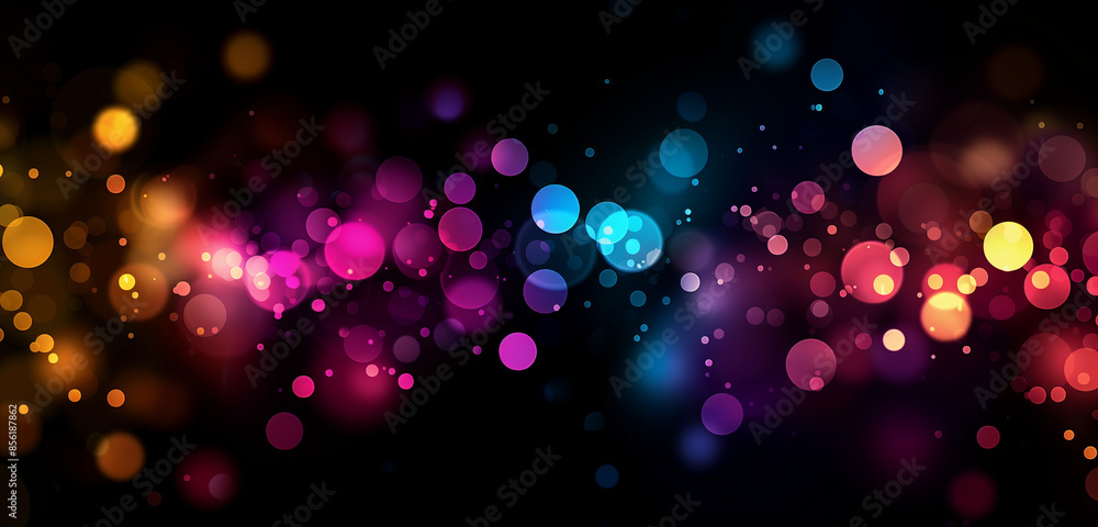 Poster abstract background with colorful bokeh lights on black, glowing light effect illustration design fo