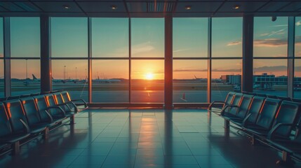 Fototapeta premium Rows of empty seats in an airport terminal overlooking the runway. The sun sets behind the window, casting a warm glow on the scene.