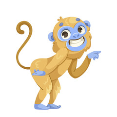 Cartoon monkey character pointing with a smile on white background. Vector illustration