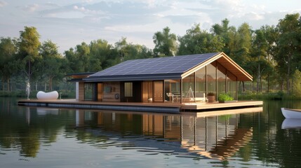 Fototapeta premium Modern Solar-Powered Floating House on Tranquil Lake for Sustainable Living