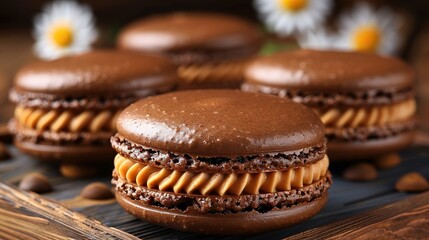   A close-up of a chocolate macaroni and cheese sandwich on a wooden surface surrounded by flowers