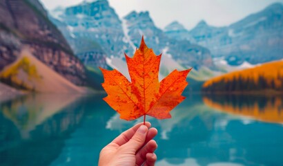 The hand of a man holding an orange maple leaf. A traditional Canadian autumn landscape with a lake and mountains. Canada Day concept, copy space.