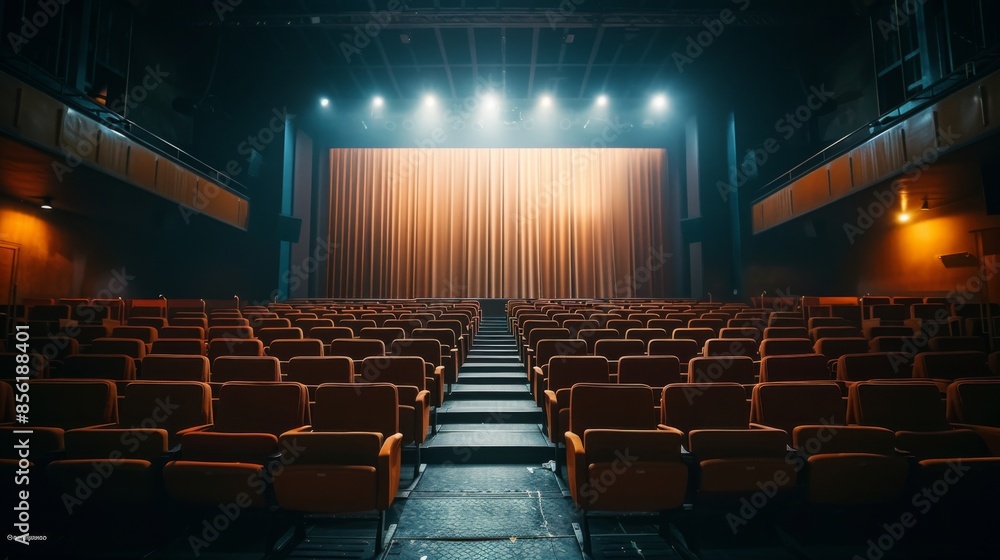 Poster a view of an empty theater before the start of a show. the seats are all facing a large stage with a