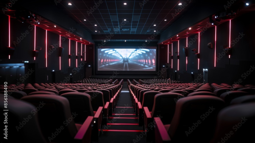 Poster a wide shot of an empty movie theater with rows of black seats and a large screen displaying a blurr