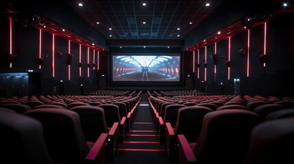Naklejka premium A wide shot of an empty movie theater with rows of black seats and a large screen displaying a blurry image. The theater is lit with red lights.