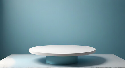 room with blue wall podium 