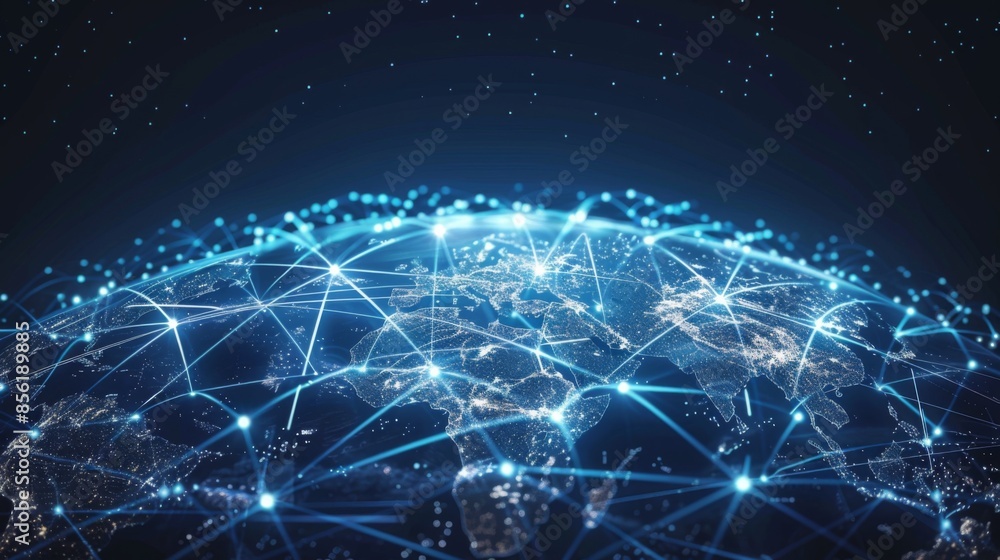 Poster the illuminated global network displaying digital connections between cities across the world
