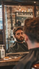 Obraz premium Bearded Man in Modern Barber Chair with Industrial Chic Barbershop Ambiance - Perfectly Styled Look