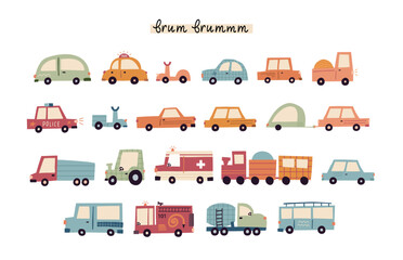 Cute big cartoon cars vector collection isolated on white. Hand drawn flat vehicle set. Caravan, police auto, ambulance, tractor, fire truck and train, city cars, ice cream truck, motor bikes.