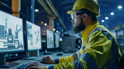 An industrial worker intensely focused on multiple computer screens, showcasing a high-tech workplace in a blue-toned factory setting.