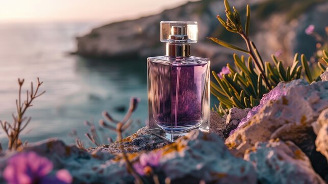 Transparent bottle with purple perfume on rock showcasing luxury perfumes and cosmetics