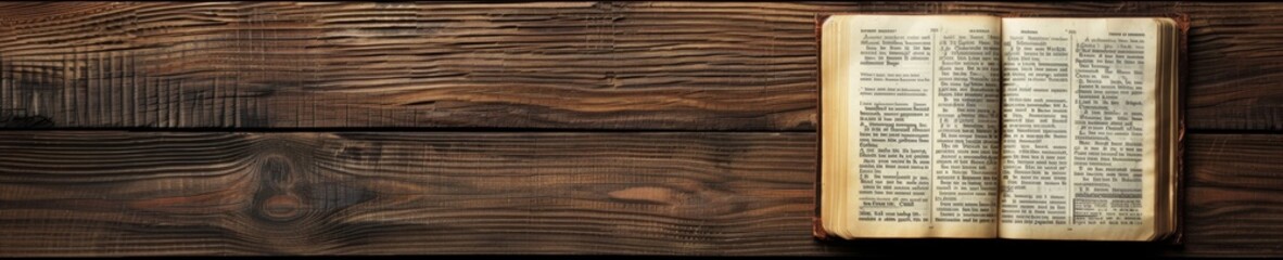 Fototapeta premium Open Bible on Brown Wooden Surface with Ample Copy Space for Text Addition. Holy Scripture. Ideal for Blogs, Presentations, Religious Meetings, Prayer Groups, and More. Panoramic Banner. World Book Da