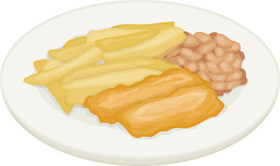 British Food Fish Fingers, Chips, and Beans Illustration
