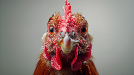 A isolated chicken on a gray studio background.