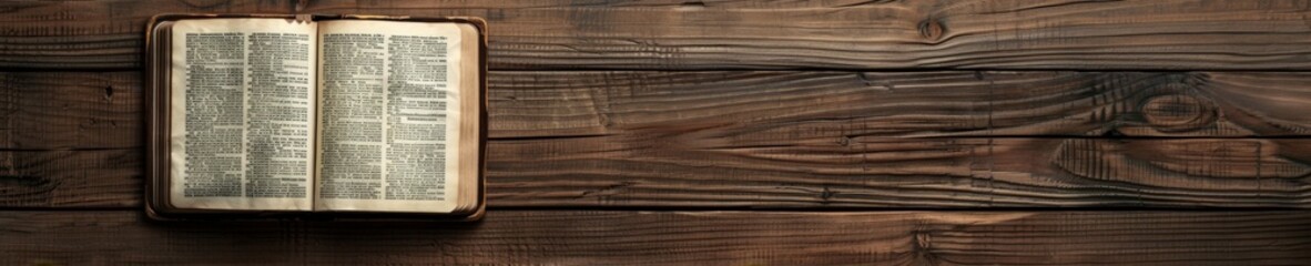 Obraz premium Open Bible on Brown Wooden Surface with Ample Copy Space for Text Addition. Holy Scripture. Ideal for Blogs, Presentations, Religious Meetings, Prayer Groups, and More. Panoramic Banner. World Book Da