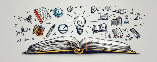 Open book with various educational doodles, symbolizing learning and creativity, featuring light bulb, globe, and music notes.