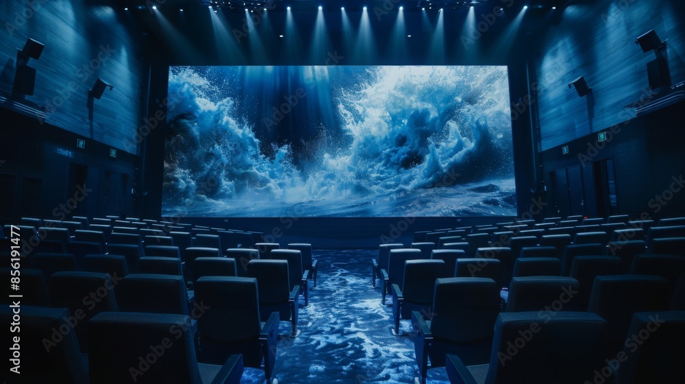 Poster an empty theater with rows of black seats, facing a large screen displaying a projection of a stormy