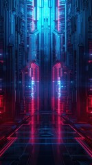 Fototapeta premium Neon Futuristic Corridor With Lights features a high-tech hallway illuminated by vibrant neon lights, showcasing a modern and digital architectural design.