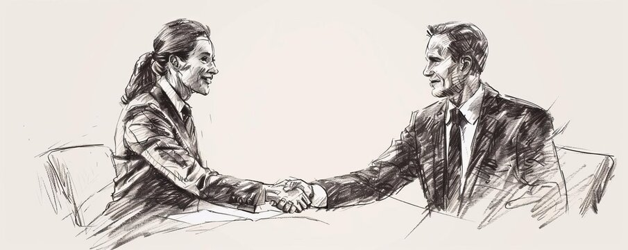 Business professionals negotiating a deal, sketched in minimalist lines, negotiation sketch, business agreement illustration