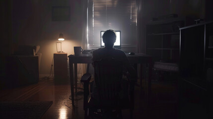 Fototapeta premium In a dimly lit room, a person is engrossed in a desktop computer, the screen casting a faint glow, creating a moody, introspective atmosphere.