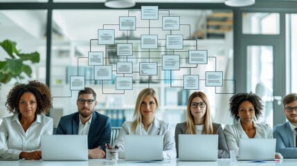 Diverse team of professionals is sitting at a table with laptops in a modern office, with a digital overlay of a corporate hierarchy chart