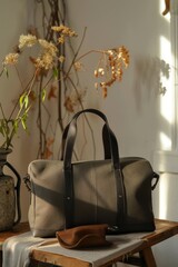 Eco-Friendly Travel Bag in Lush Greenhouse Setting for Sustainable Lifestyle