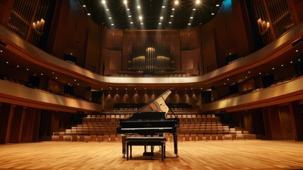 Obraz premium A black grand piano sits on a wooden stage in an empty concert hall, illuminated by spotlights. The stage is surrounded by empty seats and a large pipe organ is visible in the background.