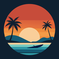 Sea Beach Design With Sunset Vector Illustration