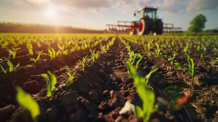 Young corn plants growing in rows on fertile soil on a field with a tractor working in background