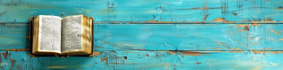 Fototapeta premium Open Bible on Turquoise Wooden Surface with Ample Copy Space for Text Addition. Holy Scripture. Ideal for Blogs, Presentations, Religious Meetings, Prayer Groups, . Panoramic Banner. World Book Day, 