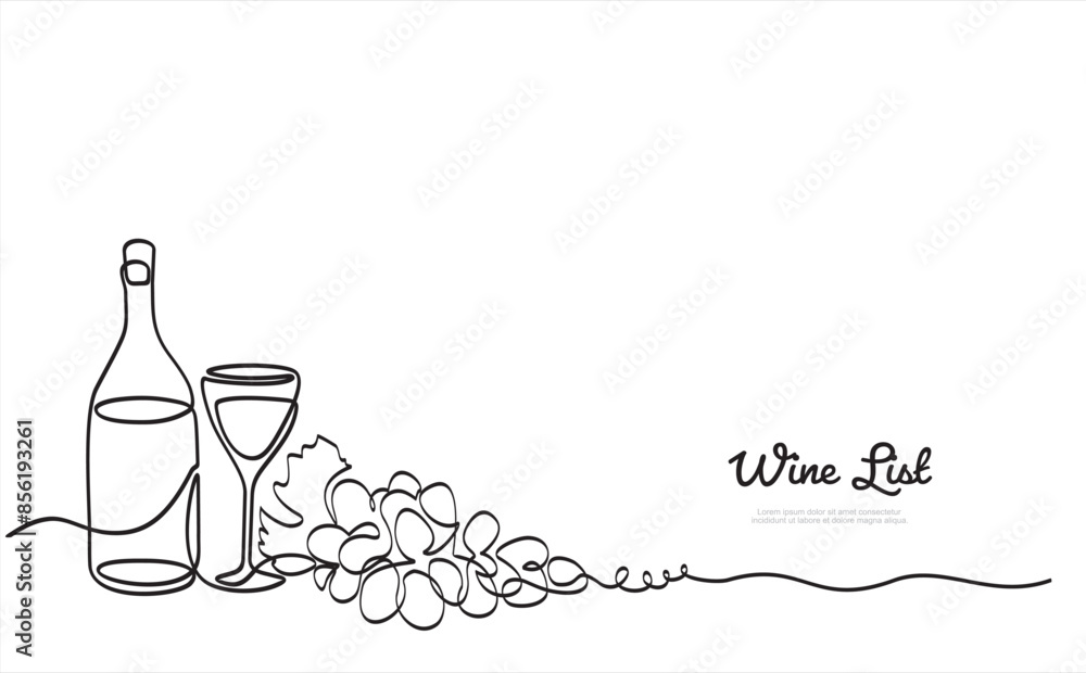 Poster bottle of wine with wineglass and grape bunch in continuous line art drawing style. wine list. minim
