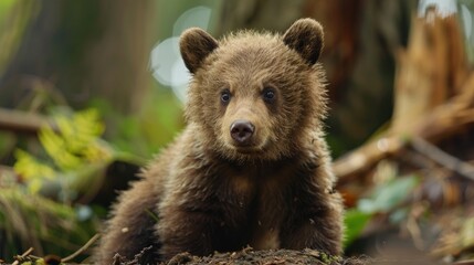 Fototapeta premium Closeup Portrait of a Young Brown Bear Cub in a Forest