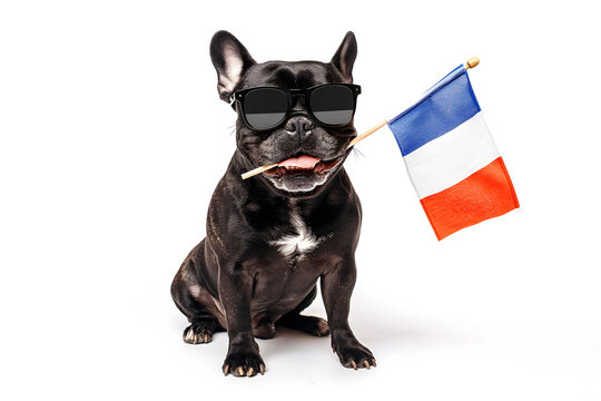 Cute black french bulldog with sunglasses and French Flag in his mouth isolated on a white background. Proud, compettition, games. Spacy text.