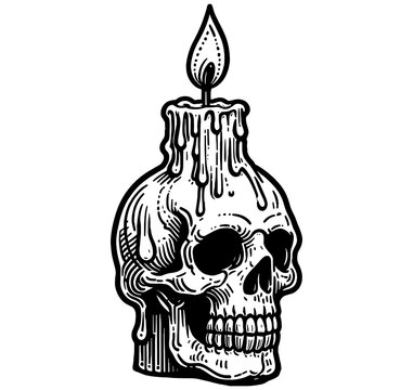 recommend clip art: Spooky candle melting wax sketch. creepy skull illustration. halloween horror drawing line art. macabre artistic design transparent background. 