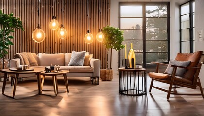 Fototapeta premium interior living room with Antique style light bulbs on wooden background