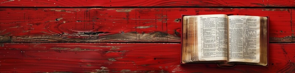 Obraz premium Open Bible on Red Wooden Surface with Ample Copy Space for Text Addition. Holy Scripture. Perfect for Blogs, Presentations, Religious Meetings, Prayer Groups, and More. Panoramic Banner. Celebrating W