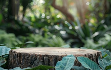 Wooden Tree Stump in Lush Green Foliage
