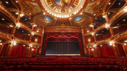 Obraz premium A view of a grand, ornately decorated theater auditorium with red velvet seats. The stage is closed with a black curtain, awaiting a performance.