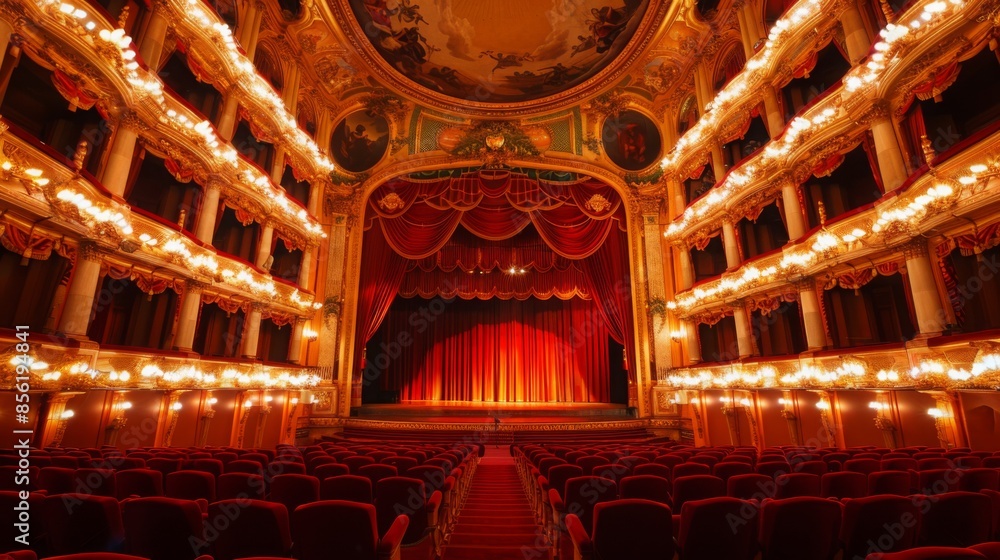 Aufkleber a view of an empty theater with red velvet seats and a stage with red curtains, waiting for the audi