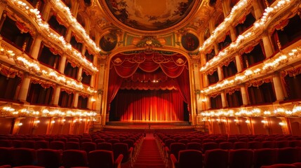Obraz premium A view of an empty theater with red velvet seats and a stage with red curtains, waiting for the audience to arrive and the performance to begin.