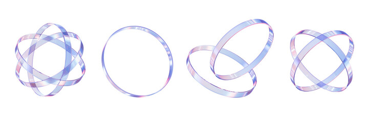 3D glass circle icon set, futuristic glossy abstract ring kit, transparent minimal crystal object. Technology dynamic fluid effect structure composition, ice texture. Realistic render 3D circle decor