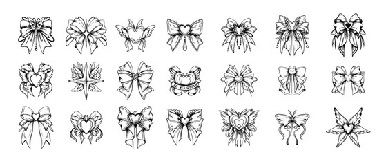 Doodle bow icon ribbon collection set, vintage cute vector hand drawn hair girly decor accessory. Feminine romantic tattoo sketch, line bowknot cartoon design. Doodle bow festive heart brooch clipart