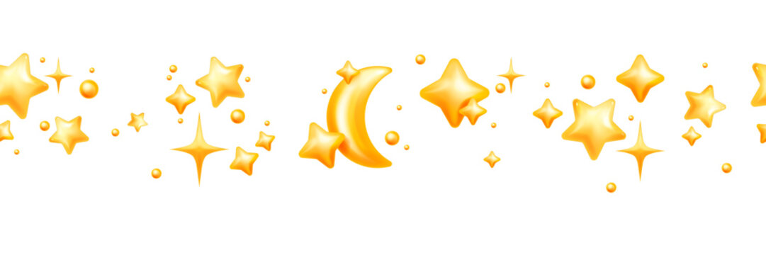 3D star seamless border, vector plastic night sky frame, yellow y2k trendy lunar holiday moon banner. New Year Christmas festive shapes, sparkle ray, children cartoon decoration. Cosmic 3D star border